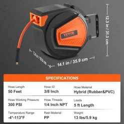 VEVOR Retractable Air Hose Reel, 3/8 IN x 50 FT Hybrid Air Hose Max 300PSI, Air Compressor Hose Reel with 5 In Lead in, Ceiling / Wall Mount Enclosed Air Reel, 180° Swivel Mount