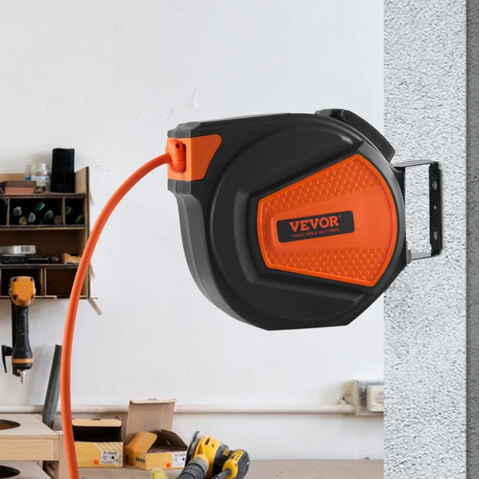 VEVOR Retractable Air Hose Reel, 3/8 IN x 50 FT Hybrid Air Hose Max 300PSI, Air Compressor Hose Reel with 5 In Lead in, Ceiling / Wall Mount Enclosed Air Reel, 180° Swivel Mount