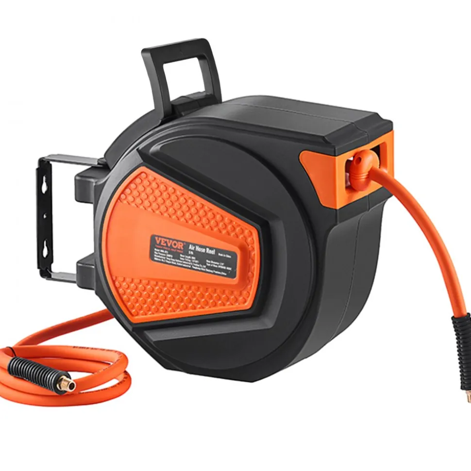 VEVOR Retractable Air Hose Reel, 3/8 IN x 50 FT Hybrid Air Hose Max 300PSI, Air Compressor Hose Reel with 5 In Lead in, Ceiling / Wall Mount Enclosed Air Reel, 180° Swivel Mount
