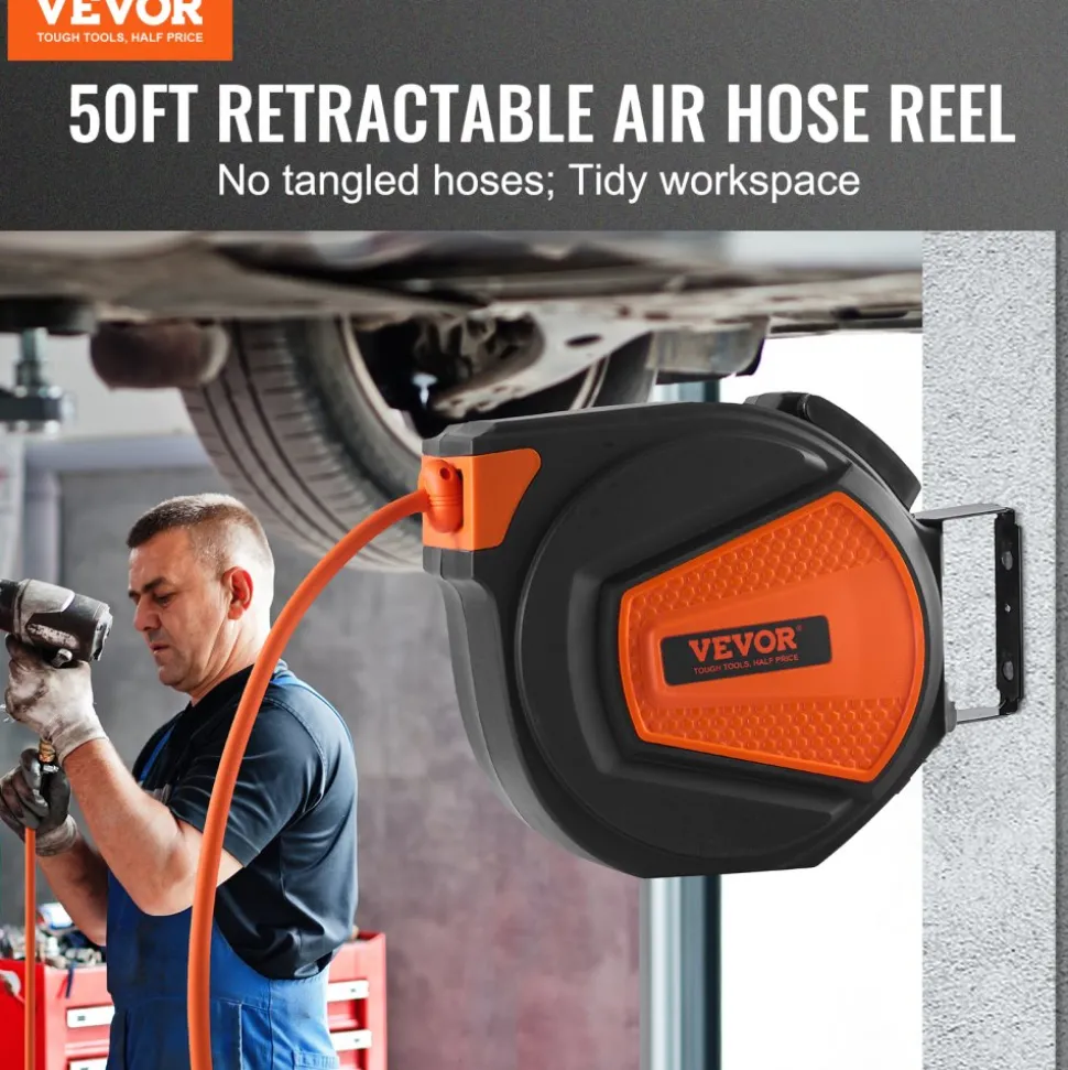 VEVOR Retractable Air Hose Reel, 3/8 IN x 50 FT Hybrid Air Hose Max 300PSI, Air Compressor Hose Reel with 5 In Lead in, Ceiling / Wall Mount Enclosed Air Reel, 180° Swivel Mount