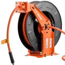 VEVOR Retractable Air Hose Reel, 3/8 Inch x 50 FT Rubber Air Hose Max 300PSI, Auto Rewind Air-Compressor Hoses Reel with 5 ft Lead in, Ceiling/Wall Mount Heavy Duty Steel Double Arm