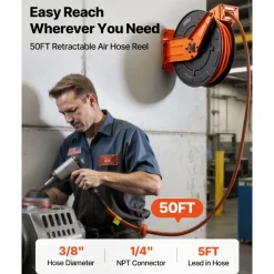 VEVOR Retractable Air Hose Reel, 3/8 Inch x 50 FT Rubber Air Hose Max 300PSI, Auto Rewind Air-Compressor Hoses Reel with 5 ft Lead in, Ceiling/Wall Mount Heavy Duty Steel Double Arm