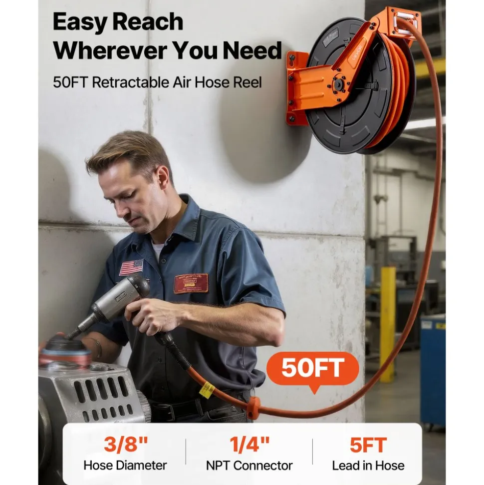 VEVOR Retractable Air Hose Reel, 3/8 Inch x 50 FT Rubber Air Hose Max 300PSI, Auto Rewind Air-Compressor Hoses Reel with 5 ft Lead in, Ceiling/Wall Mount Heavy Duty Steel Double Arm