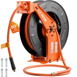 VEVOR Retractable Air Hose Reel, 3/8 Inch x 50 FT Rubber Air Hose Max 300PSI, Auto Rewind Air-Compressor Hoses Reel with 5 ft Lead in, Ceiling/Wall Mount Heavy Duty Steel Double Arm