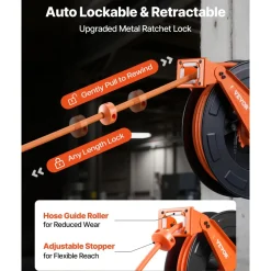VEVOR Retractable Air Hose Reel, 3/8 Inch x 50 FT Rubber Air Hose Max 300PSI, Auto Rewind Air-Compressor Hoses Reel with 5 ft Lead in, Ceiling/Wall Mount Heavy Duty Steel Double Arm