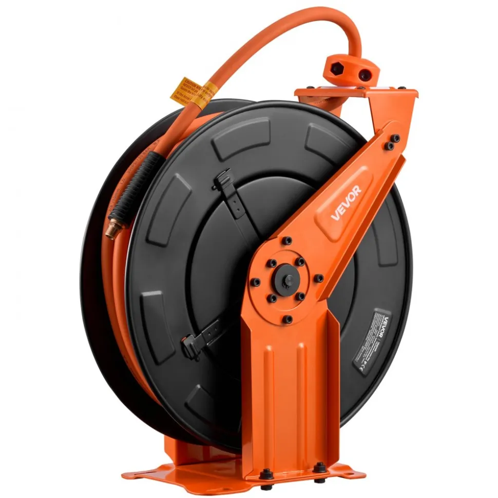 VEVOR Retractable Air Hose Reel, 3/8 Inch x 50 FT Rubber Air Hose Max 300PSI, Auto Rewind Air-Compressor Hoses Reel with 5 ft Lead in, Ceiling/Wall Mount Heavy Duty Steel Double Arm