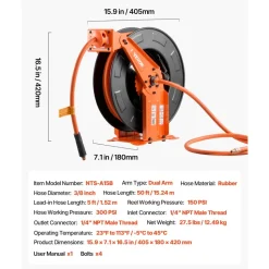 VEVOR Retractable Air Hose Reel, 3/8 Inch x 50 FT Rubber Air Hose Max 300PSI, Auto Rewind Air-Compressor Hoses Reel with 5 ft Lead in, Ceiling/Wall Mount Heavy Duty Steel Double Arm