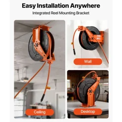VEVOR Retractable Air Hose Reel, 3/8 Inch x 50 FT Rubber Air Hose Max 300PSI, Auto Rewind Air-Compressor Hoses Reel with 5 ft Lead in, Ceiling/Wall Mount Heavy Duty Steel Double Arm