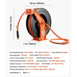 VEVOR Retractable Air Hose Reel, 1/2 Inch x 50 FT Rubber Air Hose Max 300PSI, Auto Rewind Air-Compressor Hoses Reel with 5 ft Lead in, Ceiling/Wall Mount Heavy Duty Steel Double Arm