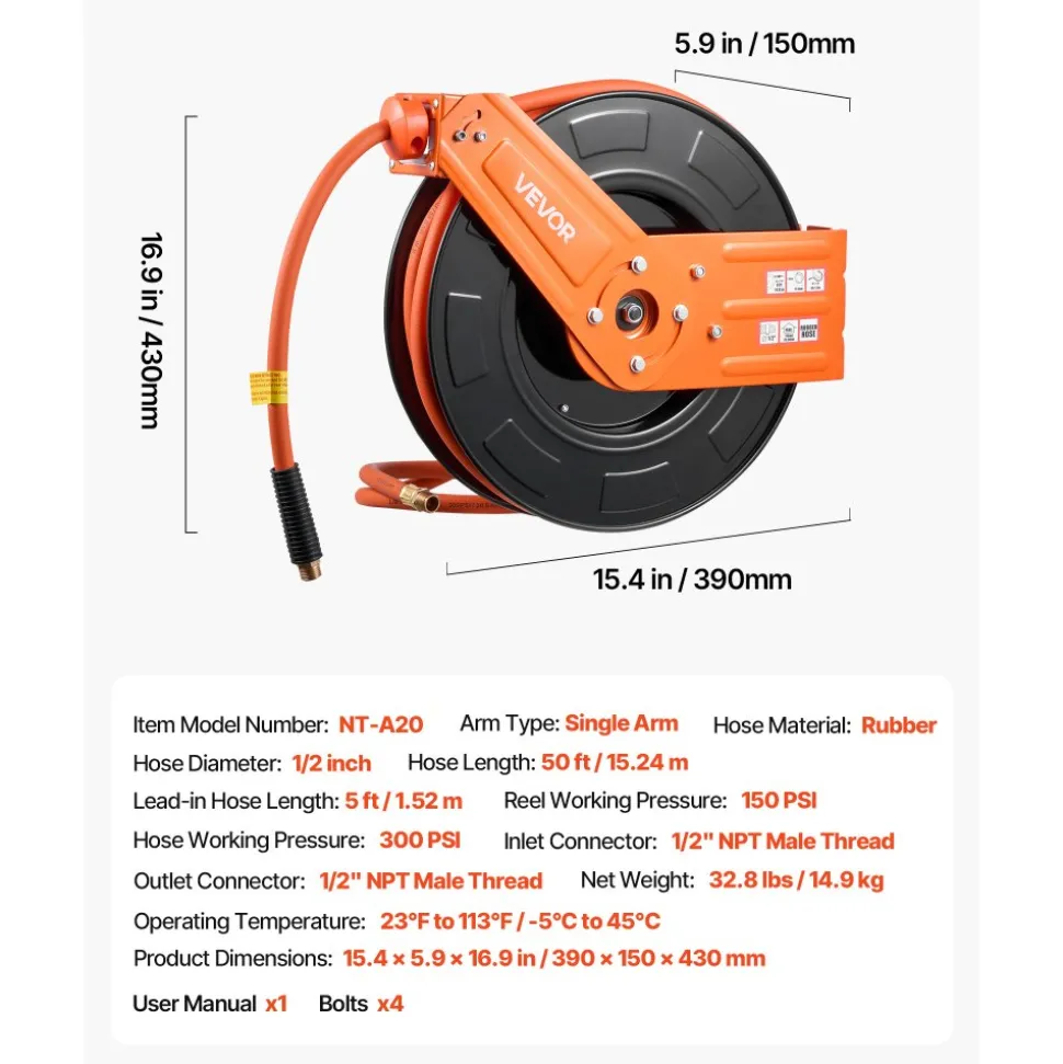 VEVOR Retractable Air Hose Reel, 1/2 Inch x 50 FT Rubber Air Hose Max 300PSI, Auto Rewind Air-Compressor Hoses Reel with 5 ft Lead in, Ceiling/Wall Mount for Garage Workshops