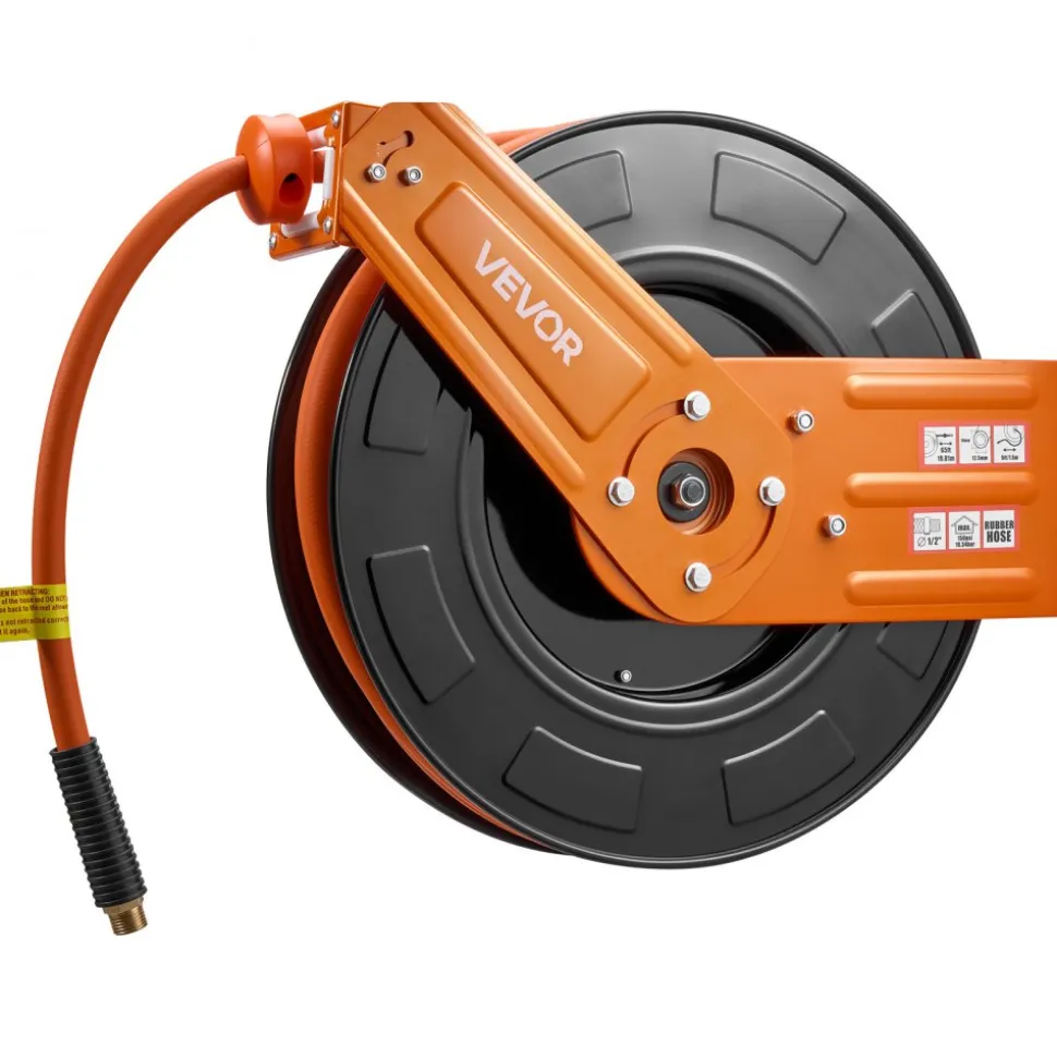 VEVOR Retractable Air Hose Reel, 1/2 Inch x 50 FT Rubber Air Hose Max 300PSI, Auto Rewind Air-Compressor Hoses Reel with 5 ft Lead in, Ceiling/Wall Mount for Garage Workshops