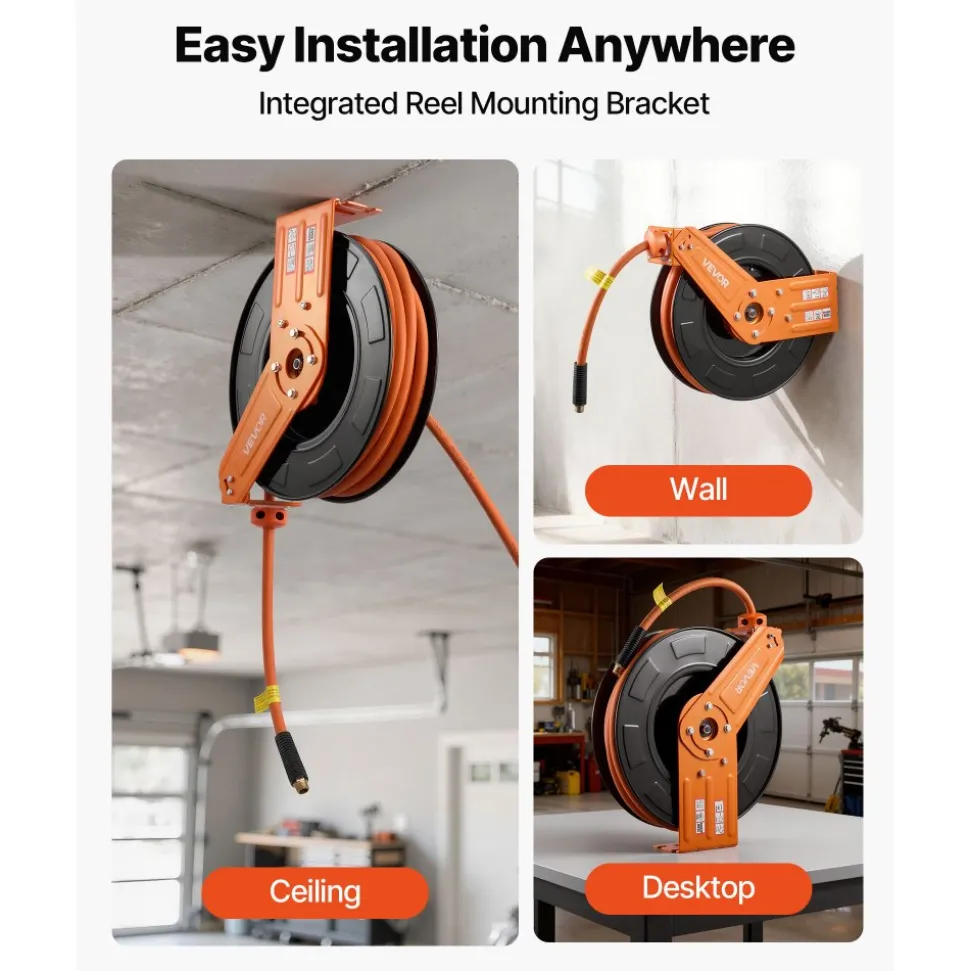 VEVOR Retractable Air Hose Reel, 1/2 Inch x 50 FT Rubber Air Hose Max 300PSI, Auto Rewind Air-Compressor Hoses Reel with 5 ft Lead in, Ceiling/Wall Mount for Garage Workshops