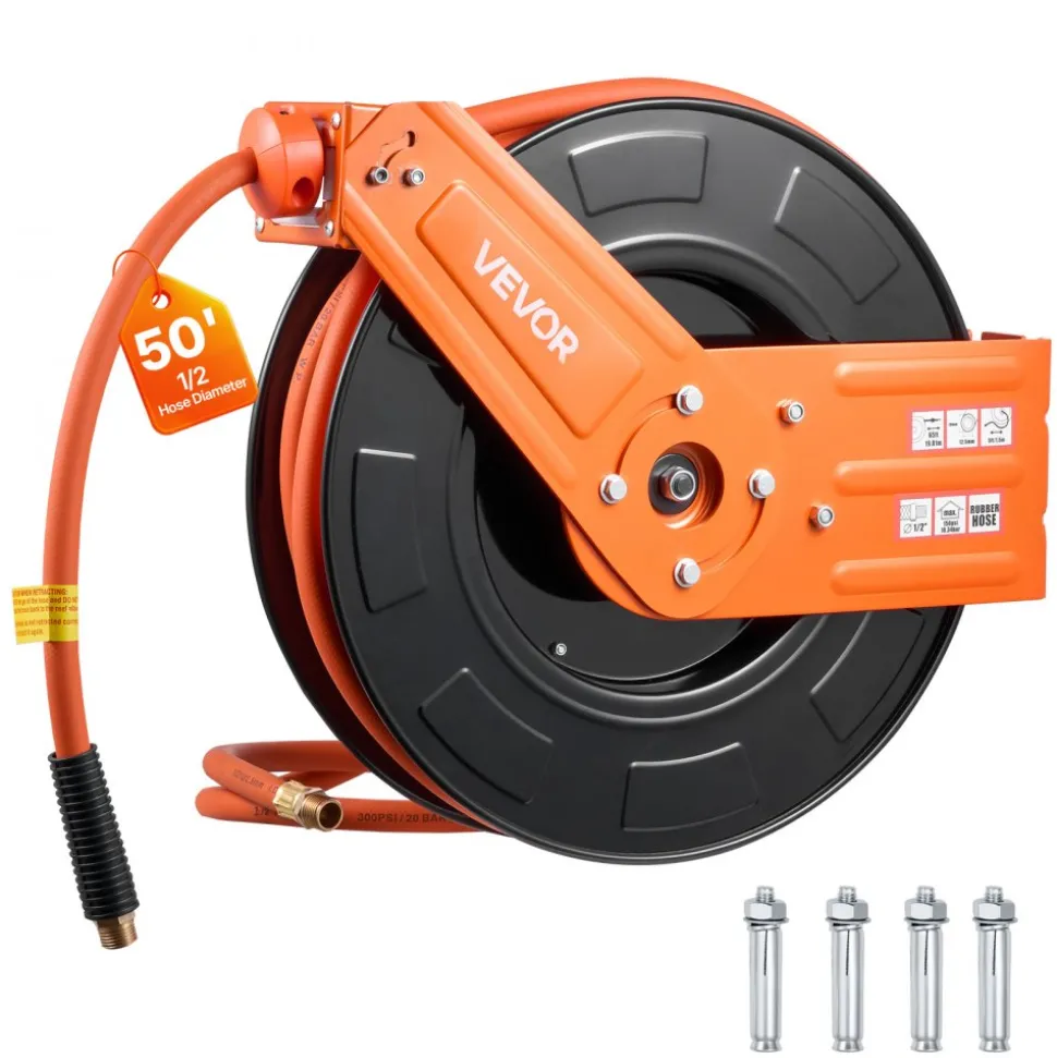 VEVOR Retractable Air Hose Reel, 1/2 Inch x 50 FT Rubber Air Hose Max 300PSI, Auto Rewind Air-Compressor Hoses Reel with 5 ft Lead in, Ceiling/Wall Mount for Garage Workshops