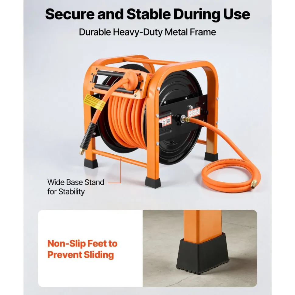 VEVOR Retractable Air Hose Reel, 3/8 IN x 50 FT Hybrid Air Hose Max 300PSI, Air Compressor Hose Reel with 5 In Lead in, Ceiling / Wall Mount Heavy Duty Single Arm Steel Reel
