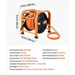 VEVOR Retractable Air Hose Reel, 3/8 IN x 50 FT Hybrid Air Hose Max 300PSI, Air Compressor Hose Reel with 5 In Lead in, Ceiling / Wall Mount Heavy Duty Single Arm Steel Reel