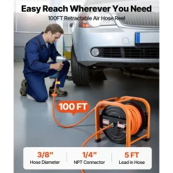 VEVOR Retractable Air Hose Reel, 3/8 IN x 50 FT Hybrid Air Hose Max 300PSI, Air Compressor Hose Reel with 5 In Lead in, Ceiling / Wall Mount Heavy Duty Single Arm Steel Reel