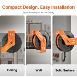 VEVOR Retractable Air Hose Reel, 1/2 IN x 50 FT Hybrid Air Hose Max 300PSI, Air Compressor Hose Reel Auto-Rewind with 5FT Lead in, Ceiling/Wall Mount Heavy Duty Single Arm Steel Reel, 1/2