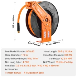 VEVOR Retractable Air Hose Reel, 1/2 IN x 50 FT Hybrid Air Hose Max 300PSI, Air Compressor Hose Reel Auto-Rewind with 5FT Lead in, Ceiling/Wall Mount Heavy Duty Single Arm Steel Reel, 1/2