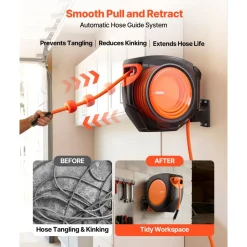 VEVOR Retractable Air Hose Reel, 3/8 Inch x 80 FT Hybrid Air Hose Max 300PSI, Enclosed Air-Compressor Hoses Reel Auto Rewind with 6.6 ft Lead in, 180° Swivel Ceiling/Wall Mount for Workshops