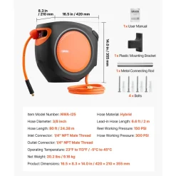VEVOR Retractable Air Hose Reel, 3/8 Inch x 80 FT Hybrid Air Hose Max 300PSI, Enclosed Air-Compressor Hoses Reel Auto Rewind with 6.6 ft Lead in, 180° Swivel Ceiling/Wall Mount for Workshops