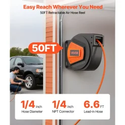 VEVOR Retractable Air Hose Reel, 1/4 Inch x 50 FT Hybrid Air Hose Max 300PSI, Enclosed Air-Compressor Hoses Reel Auto Rewind with 6.6 ft Lead in & Blow Gun, 180° Swivel Ceiling/Wall Mount