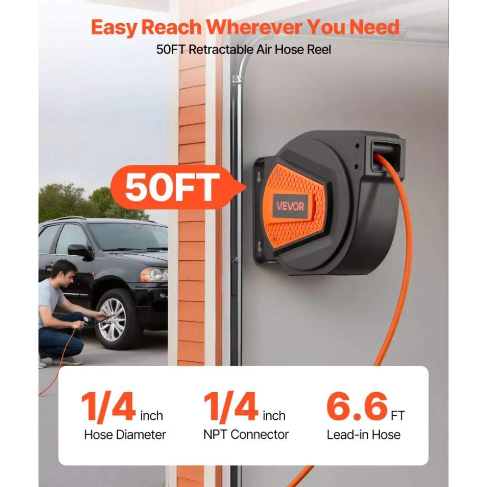 VEVOR Retractable Air Hose Reel, 1/4 Inch x 50 FT Hybrid Air Hose Max 300PSI, Enclosed Air-Compressor Hoses Reel Auto Rewind with 6.6 ft Lead in & Blow Gun, 180° Swivel Ceiling/Wall Mount