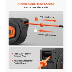 VEVOR Retractable Air Hose Reel, 1/4 Inch x 50 FT Hybrid Air Hose Max 300PSI, Enclosed Air-Compressor Hoses Reel Auto Rewind with 6.6 ft Lead in & Blow Gun, 180° Swivel Ceiling/Wall Mount
