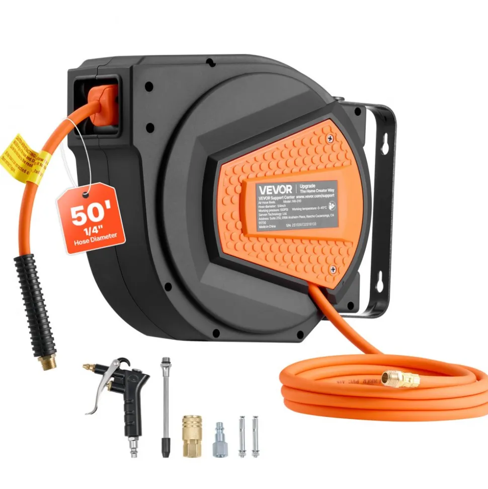 VEVOR Retractable Air Hose Reel, 1/4 Inch x 50 FT Hybrid Air Hose Max 300PSI, Enclosed Air-Compressor Hoses Reel Auto Rewind with 6.6 ft Lead in & Blow Gun, 180° Swivel Ceiling/Wall Mount