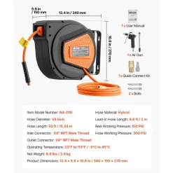 VEVOR Retractable Air Hose Reel, 1/4 Inch x 50 FT Hybrid Air Hose Max 300PSI, Enclosed Air-Compressor Hoses Reel Auto Rewind with 6.6 ft Lead in & Blow Gun, 180° Swivel Ceiling/Wall Mount