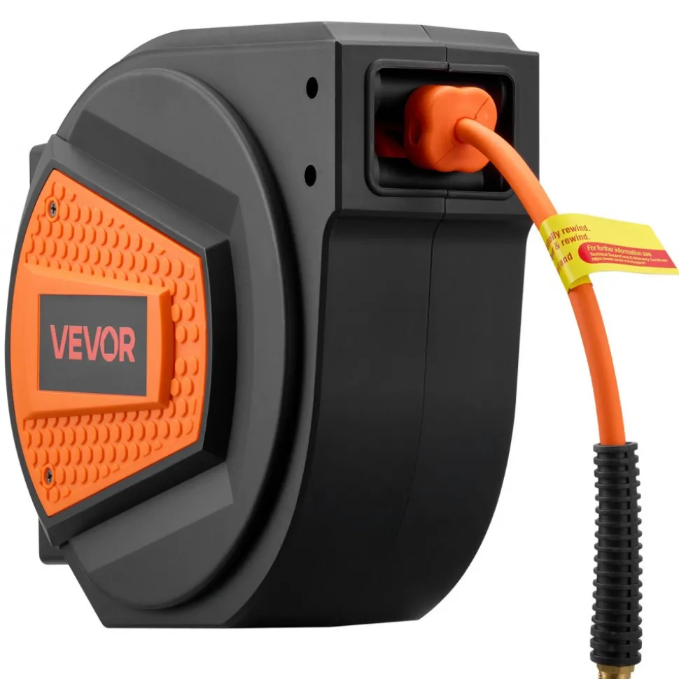 VEVOR Retractable Air Hose Reel, 1/4 Inch x 50 FT Hybrid Air Hose Max 300PSI, Enclosed Air-Compressor Hoses Reel Auto Rewind with 6.6 ft Lead in & Blow Gun, 180° Swivel Ceiling/Wall Mount