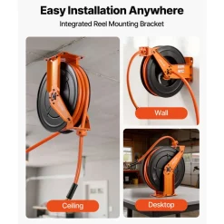 VEVOR Retractable Air Hose Reel, 3/4 Inch x 50 FT PVC Air Hose Max 300PSI, Auto Rewind Air-Compressor Hoses Reel with 5 ft Lead in, Ceiling/Wall Mount Heavy Duty Steel Double Arm
