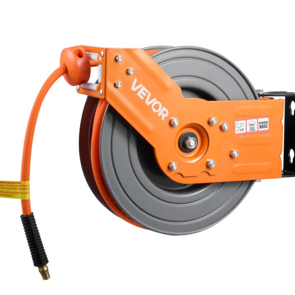VEVOR Retractable Air Hose Reel, 3/8 Inch x 50 FT Hybrid Air Hose Max 300PSI, Auto Rewind Air-Compressor Hoses Reel with 5 ft Lead in, 180° Swivel Ceiling/Wall Mount for Garage Workshops