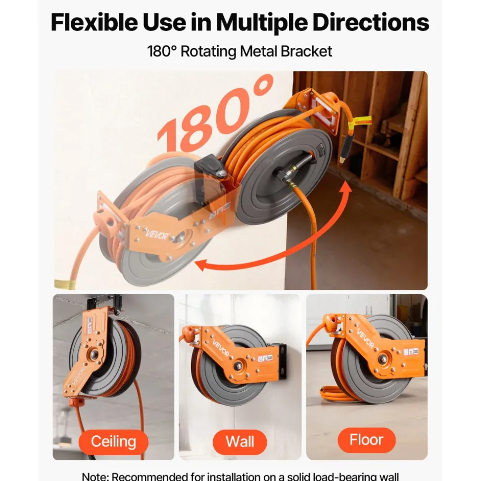 VEVOR Retractable Air Hose Reel, 3/8 Inch x 50 FT Hybrid Air Hose Max 300PSI, Auto Rewind Air-Compressor Hoses Reel with 5 ft Lead in, 180° Swivel Ceiling/Wall Mount for Garage Workshops