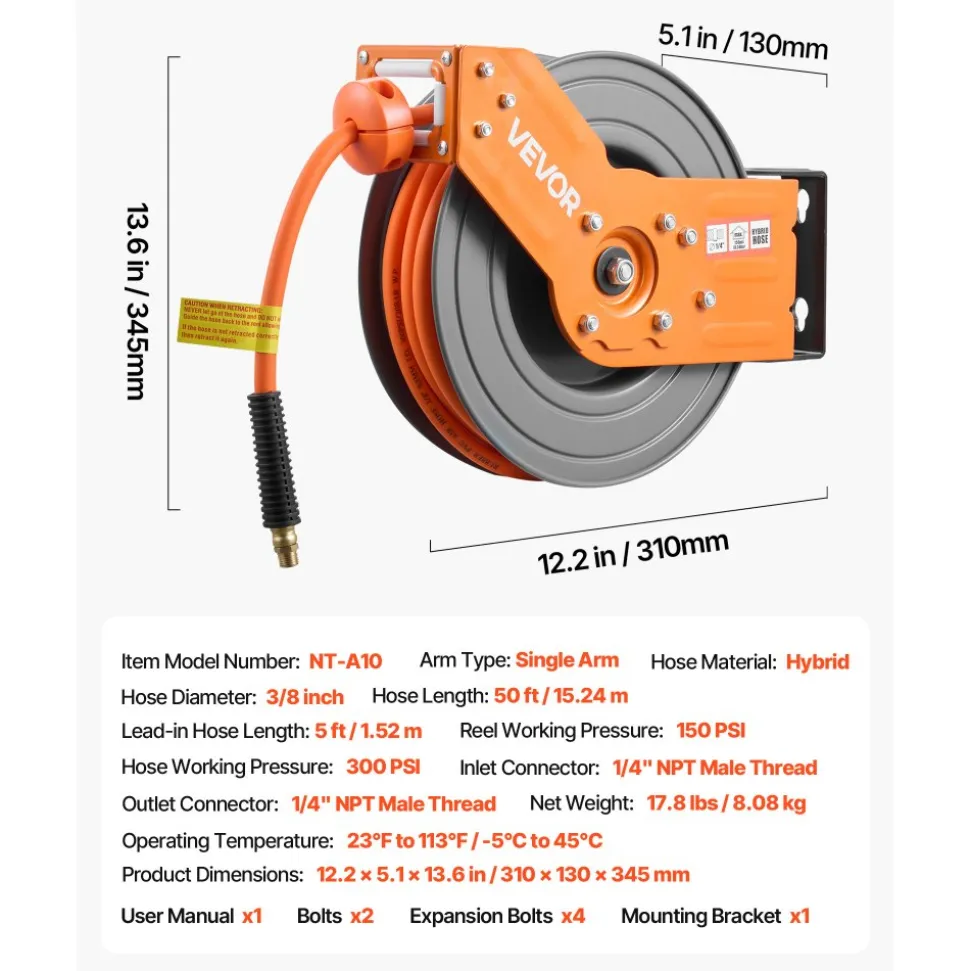 VEVOR Retractable Air Hose Reel, 3/8 Inch x 50 FT Hybrid Air Hose Max 300PSI, Auto Rewind Air-Compressor Hoses Reel with 5 ft Lead in, 180° Swivel Ceiling/Wall Mount for Garage Workshops