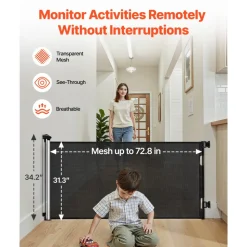 VEVOR Retractable Baby Gate, Extends to 72.8 inch Wide, 31.3 inch Tall, with Security Lock, Easy to Use, Walk Through Without Tripping, Mesh Dog Gate for Stairs, Hallways, Indoor/Outdoor, Black