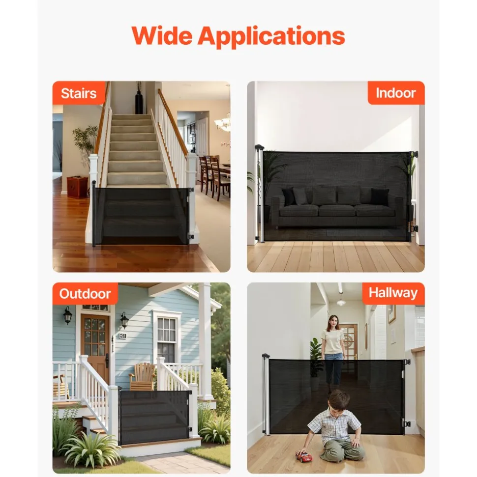 VEVOR Retractable Baby Gate, Extends to 57 inch Wide, 38.5 inch Tall, with Security Lock, Easy to Use, Walk Through Without Tripping, Mesh Dog Gate for Stairs, Hallways, Indoor/Outdoor, Black