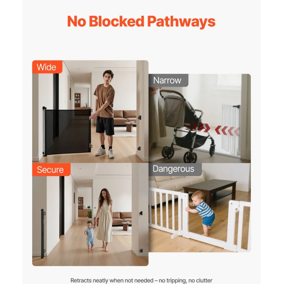 VEVOR Retractable Baby Gate, Extends to 57 inch Wide, 38.5 inch Tall, with Security Lock, Easy to Use, Walk Through Without Tripping, Mesh Dog Gate for Stairs, Hallways, Indoor/Outdoor, Black
