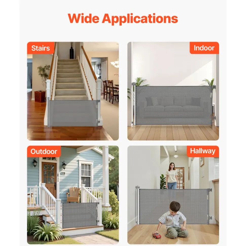 VEVOR Retractable Baby Gate, Extends to 56.3 inch Wide, 31.3 inch Tall, with Security Lock, Easy to Use, Walk Through Without Tripping, Mesh Dog Gate for Stairs, Hallways, Indoor/Outdoor, Gray