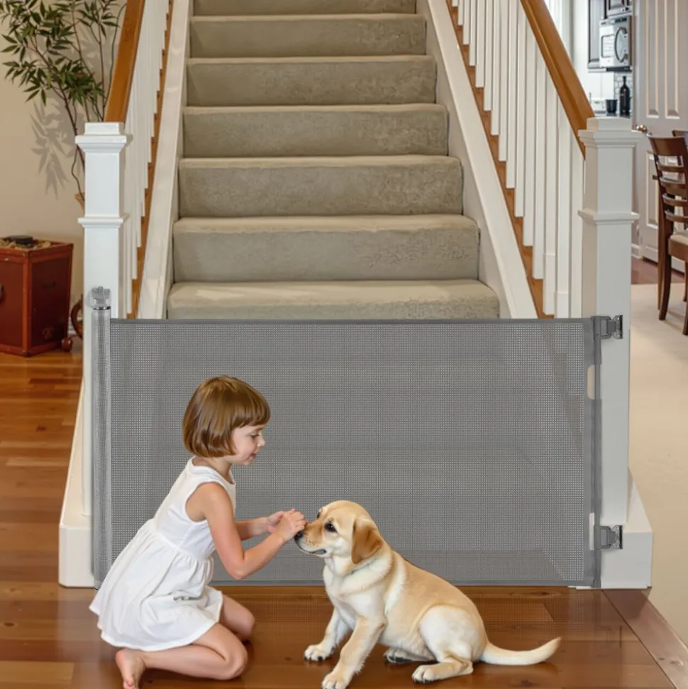 VEVOR Retractable Baby Gate, Extends to 56.3 inch Wide, 31.3 inch Tall, with Security Lock, Easy to Use, Walk Through Without Tripping, Mesh Dog Gate for Stairs, Hallways, Indoor/Outdoor, Gray