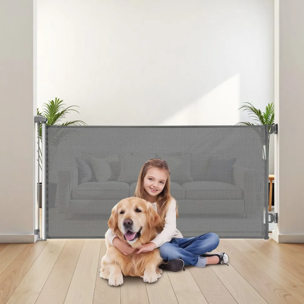 VEVOR Retractable Baby Gate, Extends to 56.3 inch Wide, 31.3 inch Tall, with Security Lock, Easy to Use, Walk Through Without Tripping, Mesh Dog Gate for Stairs, Hallways, Indoor/Outdoor, Gray