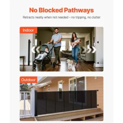 VEVOR Retractable Baby Gate, Extends to 120 inch Extra Wide, 38.5 inch Tall, with Reinforced Fiberglass Strips, Avoids Crawling Through, Mesh Dog Gate for Decks, Doorways, Garages, Indoor, Black