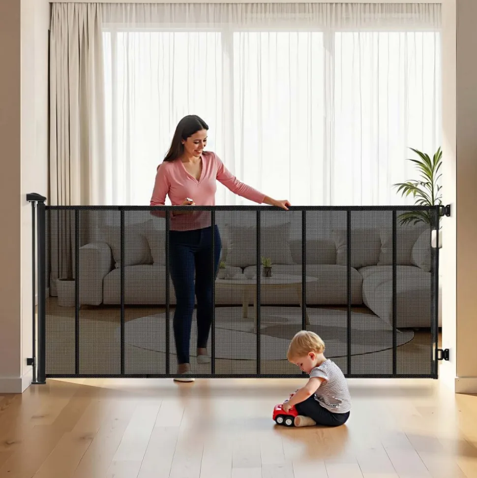 VEVOR Retractable Baby Gate, Extends to 202.7 inch Extra Wide, 39 inch Tall, with Reinforced Fiberglass Strips, Avoids Crawling Through, Mesh Dog Gate for Decks, Doorways, Garages, Indoor, Black