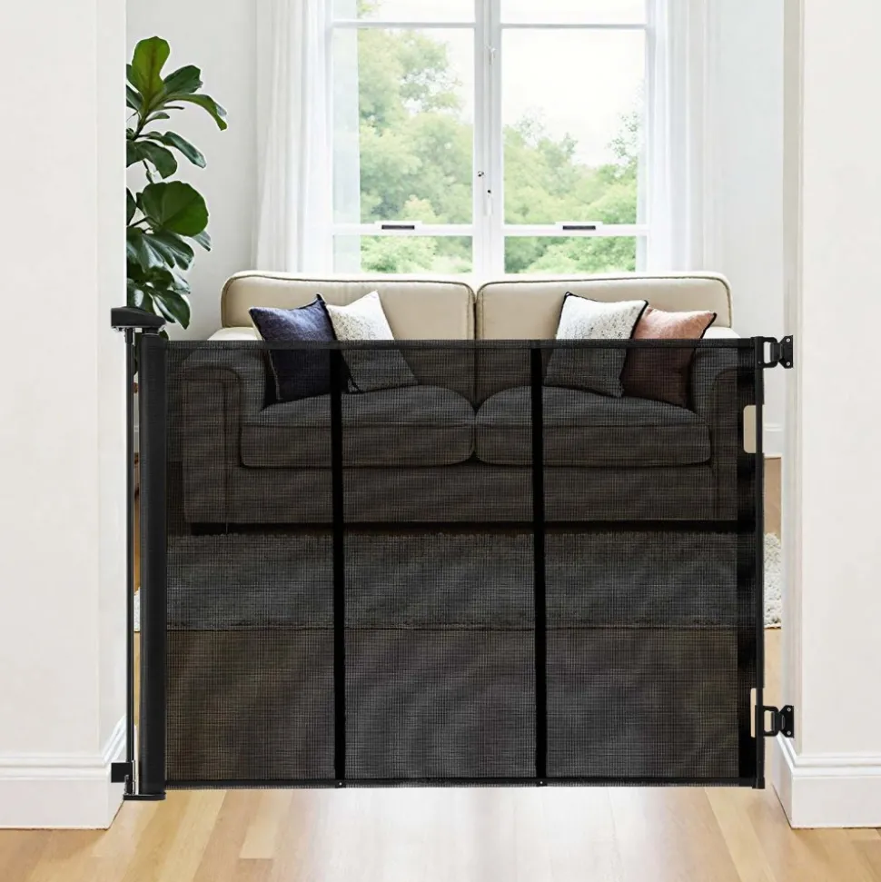 VEVOR Retractable Baby Gate, Extends to 202.7 inch Extra Wide, 39 inch Tall, with Reinforced Fiberglass Strips, Avoids Crawling Through, Mesh Dog Gate for Decks, Doorways, Garages, Indoor, Black
