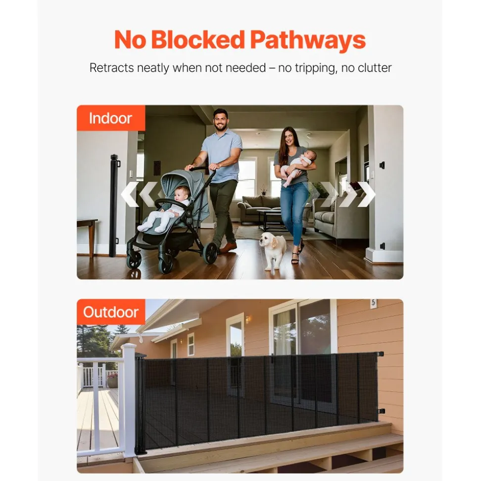 VEVOR Retractable Baby Gate, Extends to 202.7 inch Extra Wide, 39 inch Tall, with Reinforced Fiberglass Strips, Avoids Crawling Through, Mesh Dog Gate for Decks, Doorways, Garages, Indoor, Black