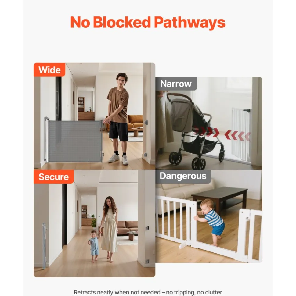 VEVOR Retractable Baby Gate, Extends to 72.8 inch Wide, 31.3 inch Tall, with Security Lock, Easy to Use, Walk Through Without Tripping, Mesh Dog Gate for Stairs, Hallways, Indoor/Outdoor, Gray
