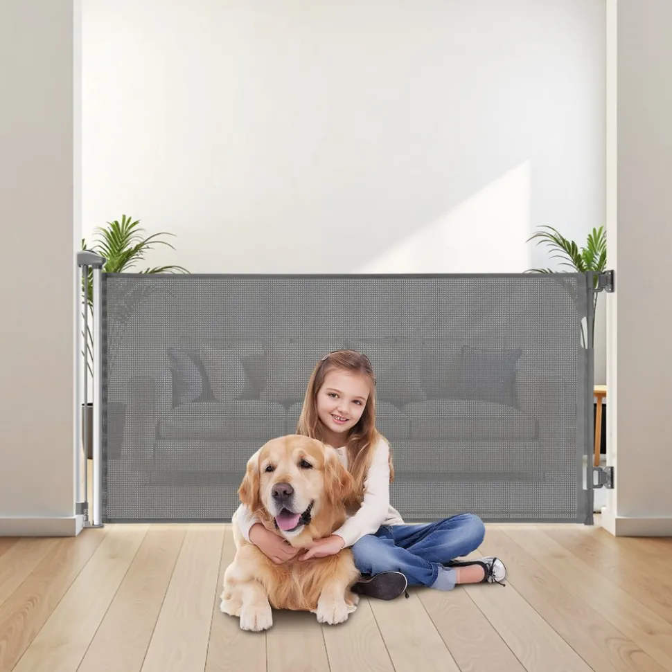 VEVOR Retractable Baby Gate, Extends to 72.8 inch Wide, 31.3 inch Tall, with Security Lock, Easy to Use, Walk Through Without Tripping, Mesh Dog Gate for Stairs, Hallways, Indoor/Outdoor, Gray