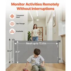 VEVOR Retractable Baby Gate, Extends to 72.8 inch Wide, 31.3 inch Tall, with Security Lock, Easy to Use, Walk Through Without Tripping, Mesh Dog Gate for Stairs, Hallways, Indoor/Outdoor, Gray