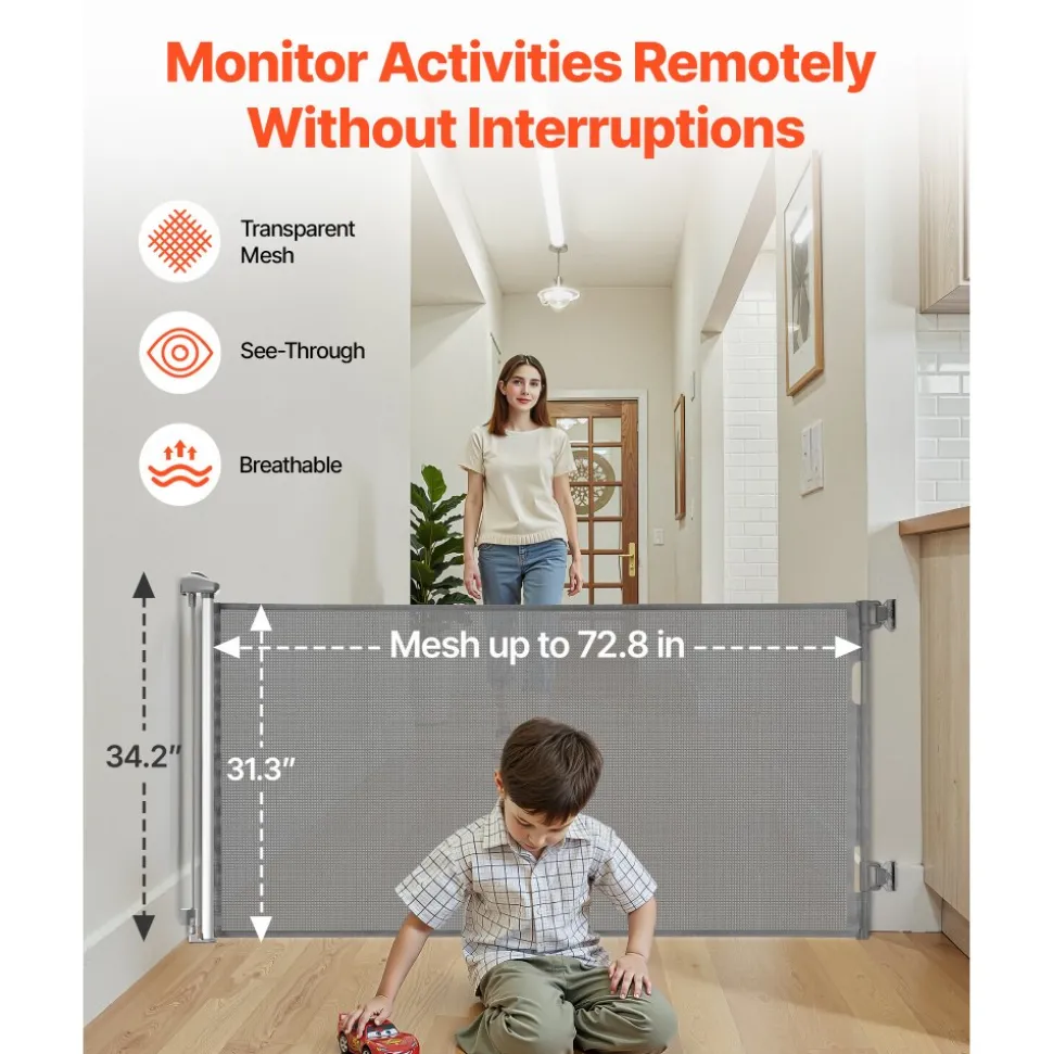 VEVOR Retractable Baby Gate, Extends to 72.8 inch Wide, 31.3 inch Tall, with Security Lock, Easy to Use, Walk Through Without Tripping, Mesh Dog Gate for Stairs, Hallways, Indoor/Outdoor, Gray