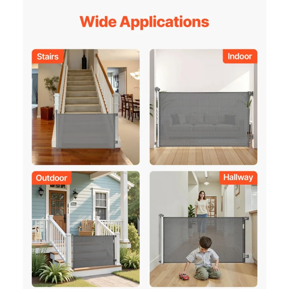 VEVOR Retractable Baby Gate, Extends to 57 inch Wide, 38.5 inch Tall, with Security Lock, Easy to Use, Walk Through Without Tripping, Mesh Dog Gate for Stairs, Hallways, Indoor/Outdoor, Gray
