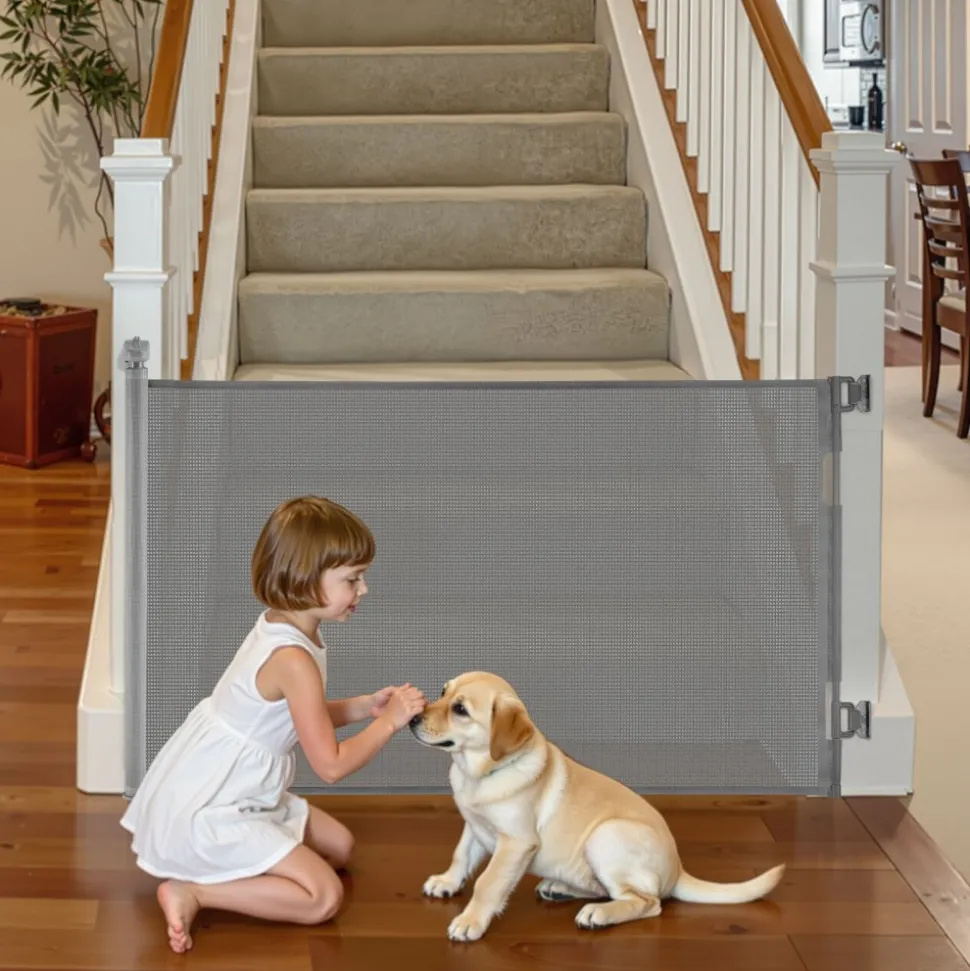 VEVOR Retractable Baby Gate, Extends to 57 inch Wide, 38.5 inch Tall, with Security Lock, Easy to Use, Walk Through Without Tripping, Mesh Dog Gate for Stairs, Hallways, Indoor/Outdoor, Gray